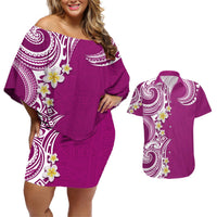 Aloha Polynesian Plumeria Flower Couples Matching Off Shoulder Short Dress and Hawaiian Shirt Pink Color