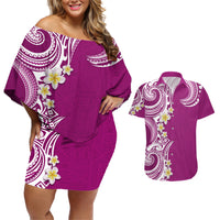 Aloha Polynesian Plumeria Flower Couples Matching Off Shoulder Short Dress and Hawaiian Shirt Pink Color