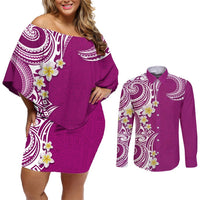 Aloha Polynesian Plumeria Flower Couples Matching Off Shoulder Short Dress and Long Sleeve Button Shirt Pink Color LT03 Pink - Polynesian Pride