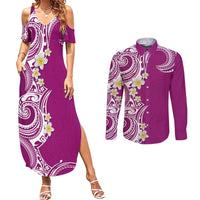Aloha Polynesian Plumeria Flower Couples Matching Summer Maxi Dress and Long Sleeve Button Shirt Pink Color LT03 Pink - Polynesian Pride