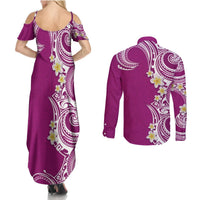 Aloha Polynesian Plumeria Flower Couples Matching Summer Maxi Dress and Long Sleeve Button Shirt Pink Color LT03 - Polynesian Pride