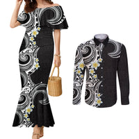 Aloha Polynesian Plumeria Flower Couples Matching Mermaid Dress and Long Sleeve Button Shirt Black White Color LT03 Black - Polynesian Pride