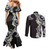 Aloha Polynesian Plumeria Flower Couples Matching Mermaid Dress and Long Sleeve Button Shirt Black White Color LT03 - Polynesian Pride