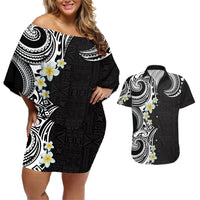 Aloha Polynesian Plumeria Flower Couples Matching Off Shoulder Short Dress and Hawaiian Shirt Black White Color