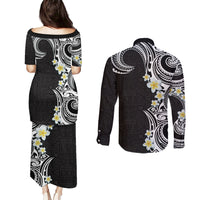 Aloha Polynesian Plumeria Flower Couples Matching Puletasi and Long Sleeve Button Shirt Black White Color