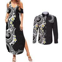 Aloha Polynesian Plumeria Flower Couples Matching Summer Maxi Dress and Long Sleeve Button Shirt Black White Color LT03 Black - Polynesian Pride