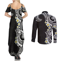Aloha Polynesian Plumeria Flower Couples Matching Summer Maxi Dress and Long Sleeve Button Shirt Black White Color