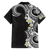Aloha Polynesian Plumeria Flower Family Matching Off Shoulder Maxi Dress and Hawaiian Shirt Black White Color