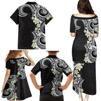 Aloha Polynesian Plumeria Flower Family Matching Puletasi and Hawaiian Shirt Black White Color
