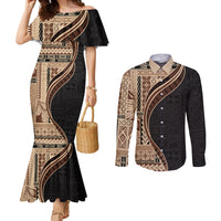 Samoa Siapo Motif and Tapa Pattern Half Style Couples Matching Mermaid Dress and Long Sleeve Button Shirt Beige Color LT03 Beige - Polynesian Pride