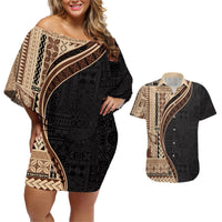 Samoa Siapo Motif and Tapa Pattern Half Style Couples Matching Off Shoulder Short Dress and Hawaiian Shirt Beige Color LT03 Beige - Polynesian Pride