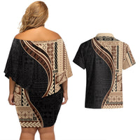 Samoa Siapo Motif and Tapa Pattern Half Style Couples Matching Off Shoulder Short Dress and Hawaiian Shirt Beige Color LT03 - Polynesian Pride