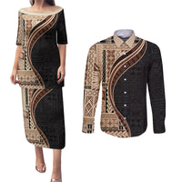 Samoa Siapo Motif and Tapa Pattern Half Style Couples Matching Puletasi and Long Sleeve Button Shirt Beige Color LT03 Beige - Polynesian Pride