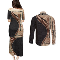 Samoa Siapo Motif and Tapa Pattern Half Style Couples Matching Puletasi and Long Sleeve Button Shirt Beige Color LT03 - Polynesian Pride