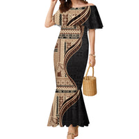 Samoa Siapo Motif and Tapa Pattern Half Style Mermaid Dress Beige Color LT03 Women Beige - Polynesian Pride