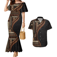 Samoa Siapo Motif and Tapa Pattern Half Style Couples Matching Mermaid Dress and Hawaiian Shirt Black Color LT03 Black - Polynesian Pride