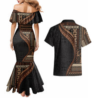 Samoa Siapo Motif and Tapa Pattern Half Style Couples Matching Mermaid Dress and Hawaiian Shirt Black Color LT03 - Polynesian Pride