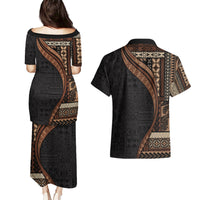 Samoa Siapo Motif and Tapa Pattern Half Style Couples Matching Puletasi and Hawaiian Shirt Black Color