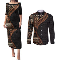 Samoa Siapo Motif and Tapa Pattern Half Style Couples Matching Puletasi and Long Sleeve Button Shirt Black Color LT03 Black - Polynesian Pride