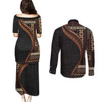 Samoa Siapo Motif and Tapa Pattern Half Style Couples Matching Puletasi and Long Sleeve Button Shirt Black Color LT03 - Polynesian Pride