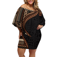 Samoa Siapo Motif and Tapa Pattern Half Style Off Shoulder Short Dress Black Color LT03 Women Black - Polynesian Pride
