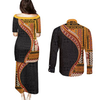 Samoa Siapo Motif and Tapa Pattern Half Style Couples Matching Puletasi and Long Sleeve Button Shirt Yellow Color LT03 - Polynesian Pride
