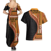 Samoa Siapo Motif and Tapa Pattern Half Style Couples Matching Summer Maxi Dress and Hawaiian Shirt Yellow Color LT03 - Polynesian Pride