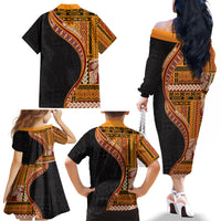 Samoa Siapo Motif and Tapa Pattern Half Style Family Matching Off The Shoulder Long Sleeve Dress and Hawaiian Shirt Yellow Color