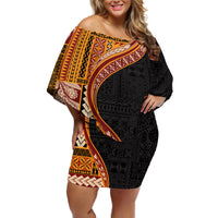 Samoa Siapo Motif and Tapa Pattern Half Style Off Shoulder Short Dress Yellow Color LT03 Women Yellow - Polynesian Pride