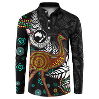 New Zealand Fern and Australia Emu Button Sweatshirt Aboriginal Mix Maori Pattern LT03 Blue - Polynesian Pride