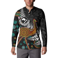 New Zealand Fern and Australia Emu Button Sweatshirt Aboriginal Mix Maori Pattern LT03 - Polynesian Pride
