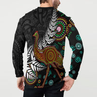 New Zealand Fern and Australia Emu Button Sweatshirt Aboriginal Mix Maori Pattern LT03 - Polynesian Pride