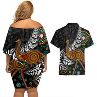 New Zealand Fern and Australia Emu Couples Matching Off Shoulder Short Dress and Hawaiian Shirt Aboriginal Mix Maori Pattern