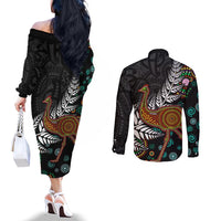New Zealand Fern and Australia Emu Couples Matching Off The Shoulder Long Sleeve Dress and Long Sleeve Button Shirt Aboriginal Mix Maori Pattern LT03 - Polynesian Pride