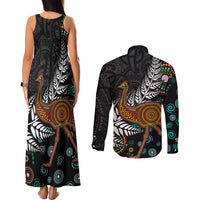 New Zealand Fern and Australia Emu Couples Matching Tank Maxi Dress and Long Sleeve Button Shirt Aboriginal Mix Maori Pattern