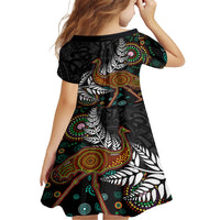 New Zealand Fern and Australia Emu Family Matching Short Sleeve Bodycon Dress and Hawaiian Shirt Aboriginal Mix Maori Pattern