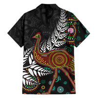 New Zealand Fern and Australia Emu Family Matching Short Sleeve Bodycon Dress and Hawaiian Shirt Aboriginal Mix Maori Pattern
