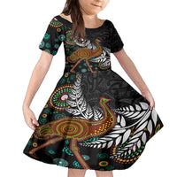 New Zealand Fern and Australia Emu Family Matching Tank Maxi Dress and Hawaiian Shirt Aboriginal Mix Maori Pattern LT03 Daughter's Dress Blue - Polynesian Pride