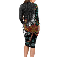 New Zealand Fern and Australia Emu Long Sleeve Bodycon Dress Aboriginal Mix Maori Pattern