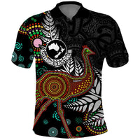 New Zealand Fern and Australia Emu Polo Shirt Aboriginal Mix Maori Pattern