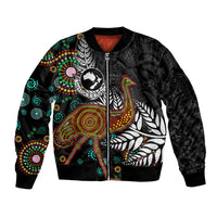 New Zealand Fern and Australia Emu Sleeve Zip Bomber Jacket Aboriginal Mix Maori Pattern