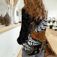 New Zealand Fern and Australia Emu Women Casual Shirt Aboriginal Mix Maori Pattern
