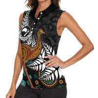 New Zealand Fern and Australia Emu Women Sleeveless Polo Shirt Aboriginal Mix Maori Pattern