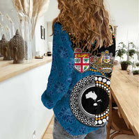 Fiji Palm Tree and Australia Kangaroo Women Casual Shirt Aboriginal Mix Tapa Pattern LT03