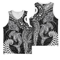 Aotearoa Maori Sea Animals Tribal Basketball Jersey Manta Ray and Shark Moko Pattern Black Color
