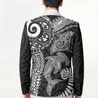 Aotearoa Maori Sea Animals Tribal Blazer Manta Ray and Shark Moko Pattern Black Color