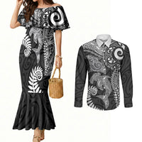 Aotearoa Maori Sea Animals Tribal Couples Matching Mermaid Dress and Long Sleeve Button Shirt Manta Ray and Shark Moko Pattern Black Color LT03 Black - Polynesian Pride