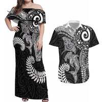 Aotearoa Maori Sea Animals Tribal Couples Matching Off Shoulder Maxi Dress and Hawaiian Shirt Manta Ray and Shark Moko Pattern Black Color
