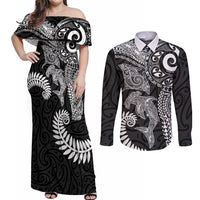 Aotearoa Maori Sea Animals Tribal Couples Matching Off Shoulder Maxi Dress and Long Sleeve Button Shirt Manta Ray and Shark Moko Pattern Black Color