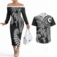 Aotearoa Maori Sea Animals Tribal Couples Matching Off The Shoulder Long Sleeve Dress and Hawaiian Shirt Manta Ray and Shark Moko Pattern Black Color LT03 Black - Polynesian Pride